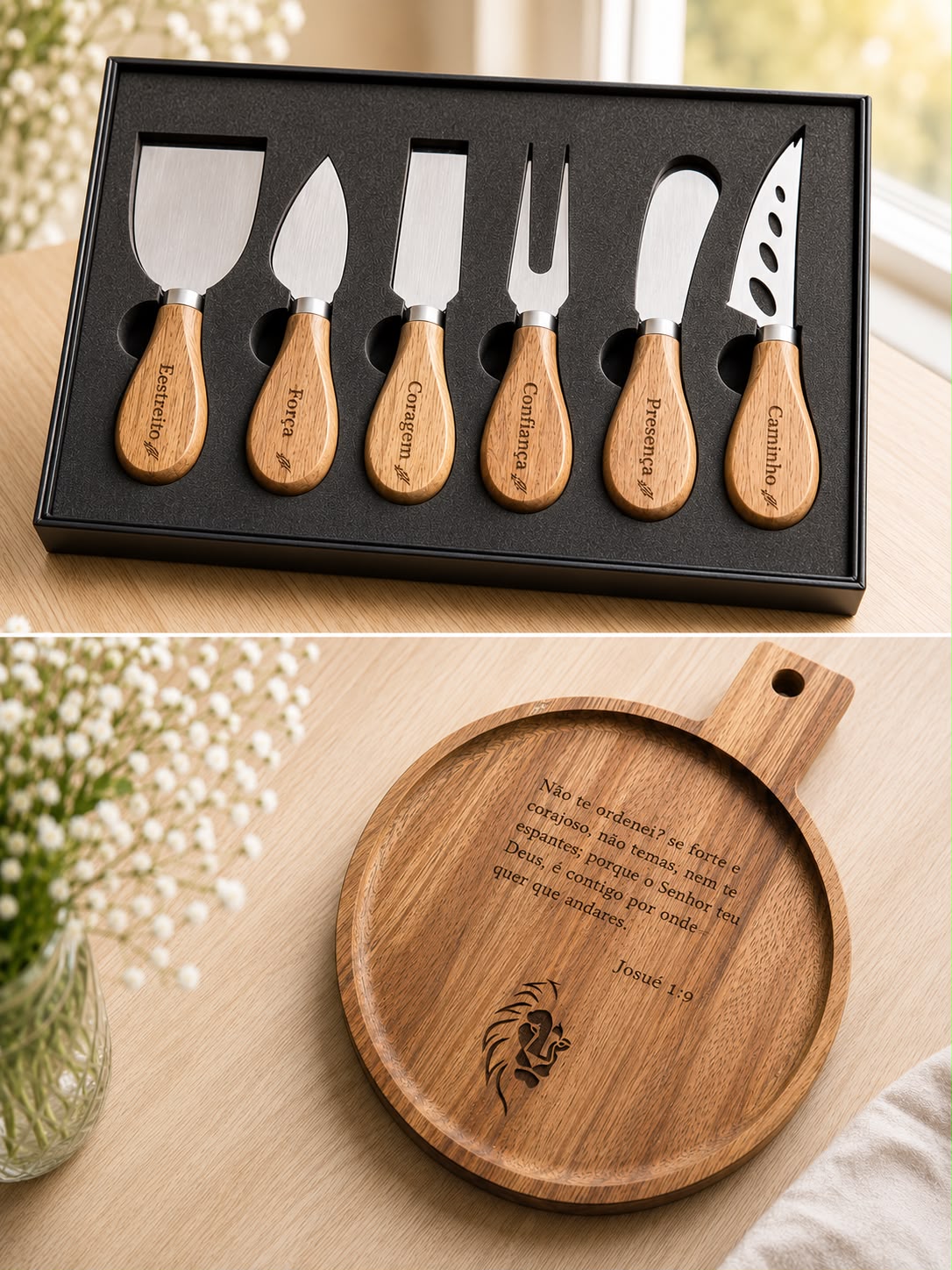 Engraved wooden cheese board and personalized cheese knife set with names