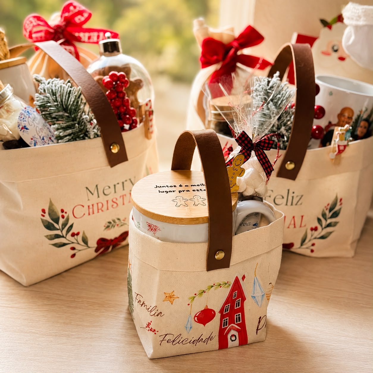 Christmas gift totes with personalized mugs, treats and holiday decorations