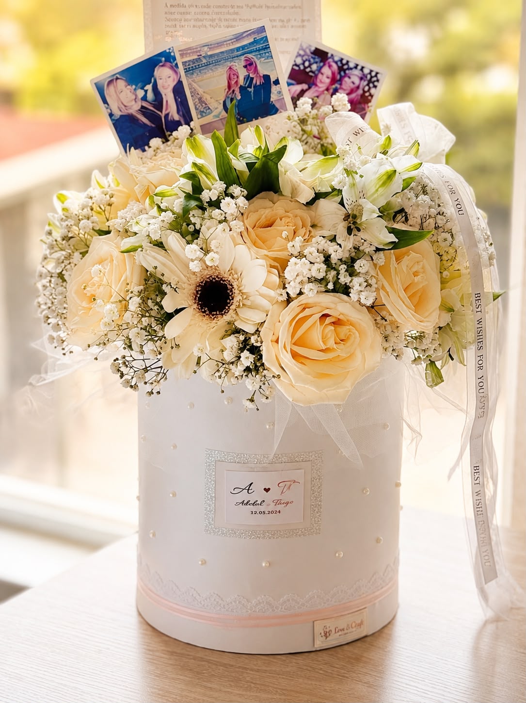 Personalized flower box with fresh roses and hydrangeas