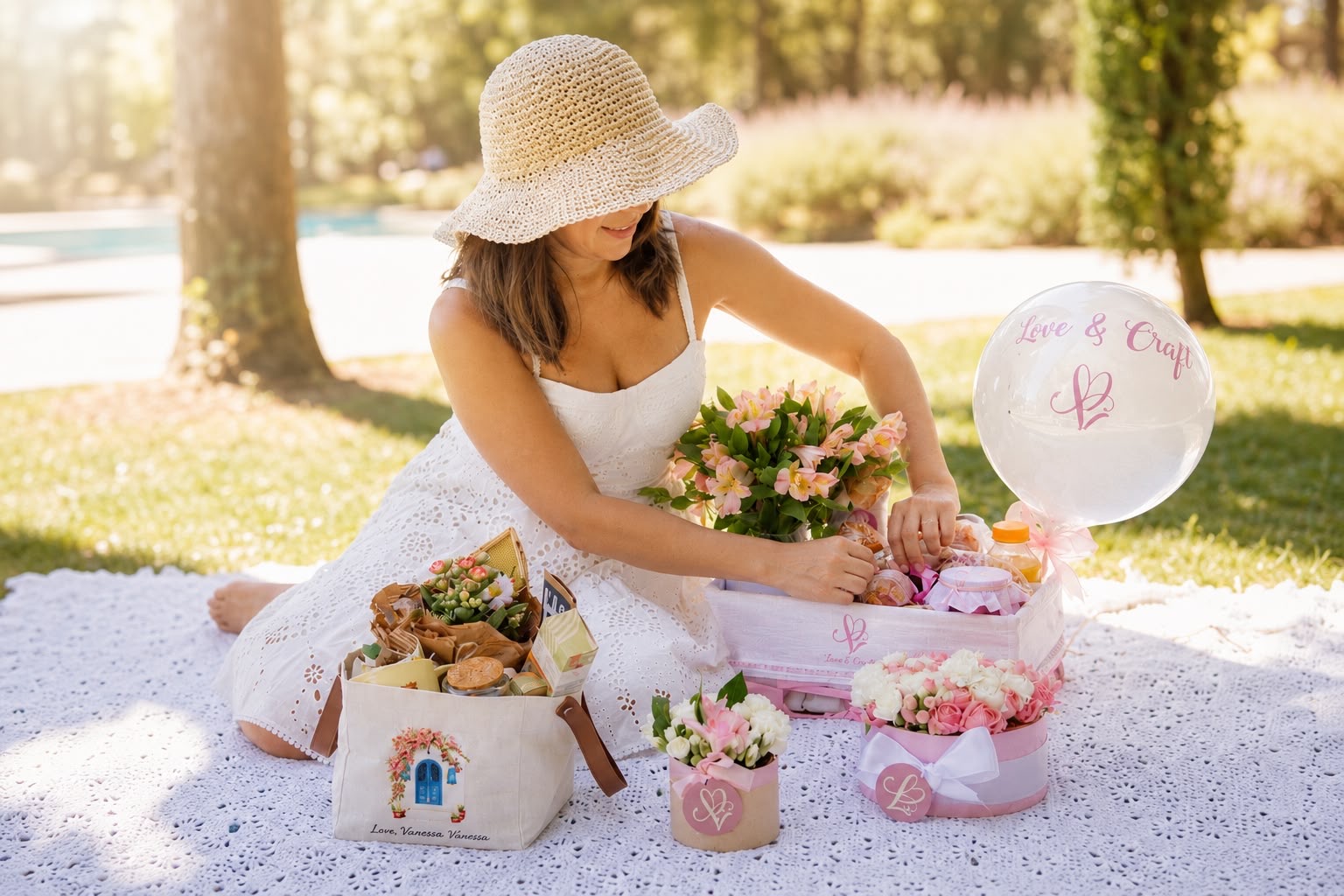 Vanessa arranging personalized gift boxes, flower boxes and a Love & Craft balloon on a picnic blanket