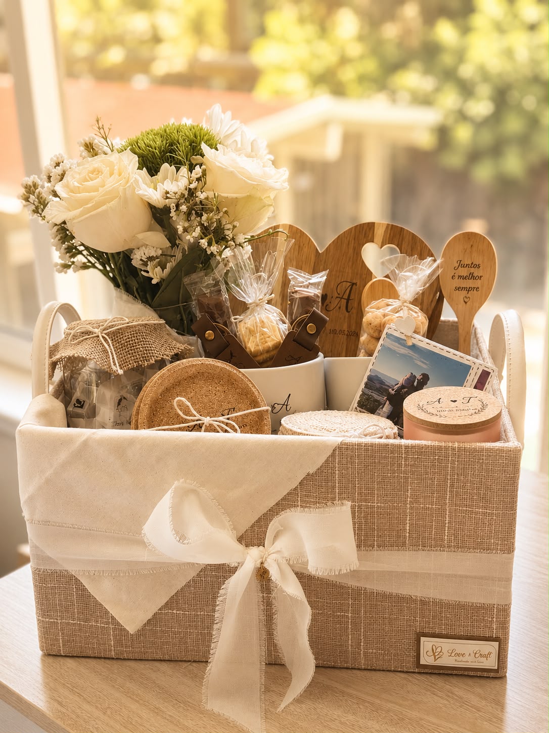 Wedding and anniversary gift box with red roses, chocolates and ribbon