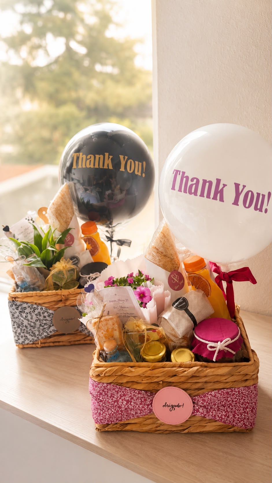 Thank-you gift baskets with personalized balloons, snacks and flowers