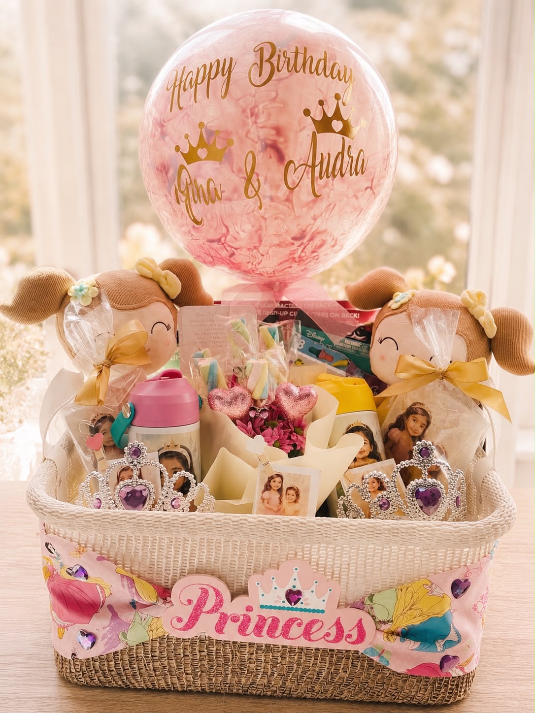 Children's celebration gift basket with sunflowers and a personalized balloon
